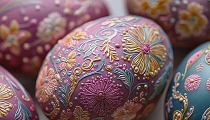 Easter Eggs Decorated with Intricate Floral Patterns, Close-up View, Craft and Holiday Theme