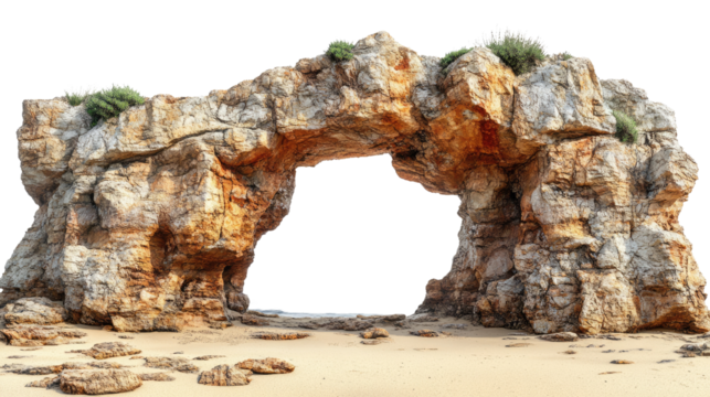 Natural Rock Arch on the Beach: a weathered, rugged natural rock arch stands majestically against the backdrop of the sea, with subtle hints of vegetation clinging to its surface.