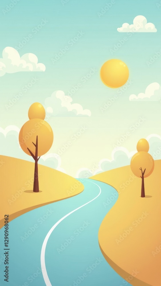 Poster road with two trees on either side and a sun in the sky