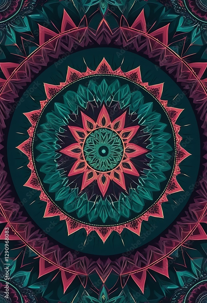 Poster a colorful circular mandala displaying intricate geometric patterns