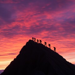 Team of Hikers Silhouetted on Mountain at Sunset