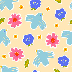Blooming seamless pattern with a dove of peace in flight with different flowers. Hand drawn in a childish naive doodle style. Folk modern Scandinavian motif. Colorful cute trendy background.