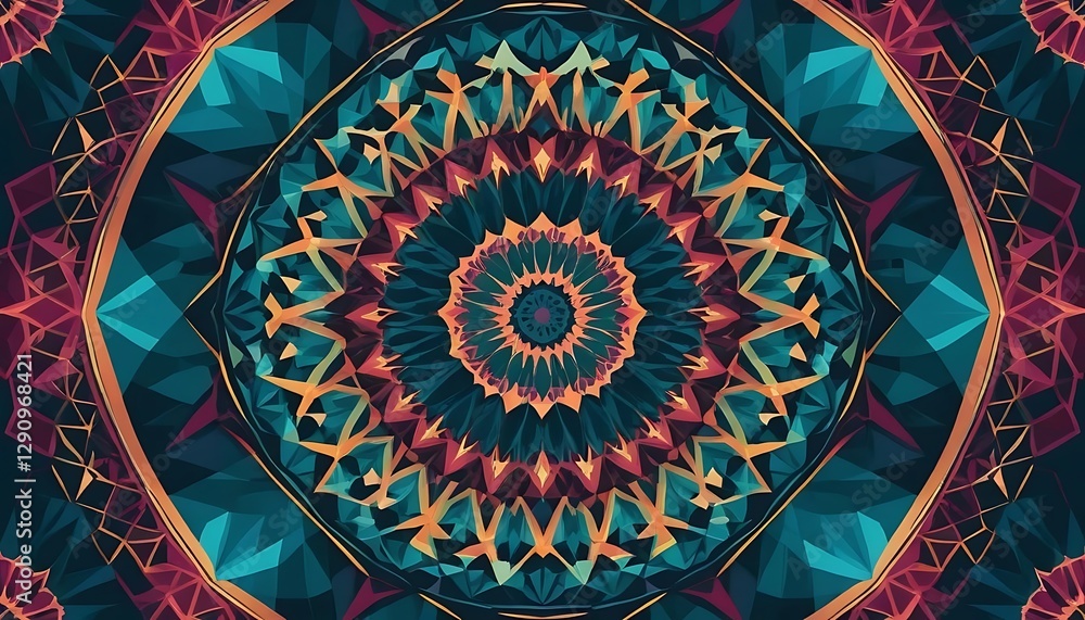 Poster a geometric symmetrical kaleidoscope design featuring multiple colors and layers