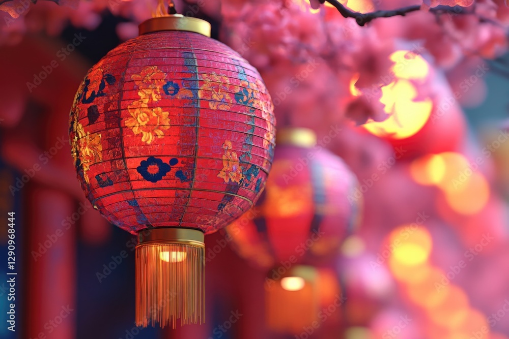 Poster Close-up view of a red lantern suspended from a tree branch