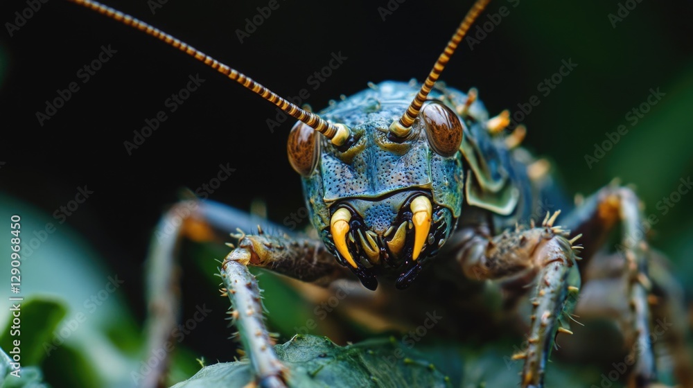 Poster a detailed view of an insect perched on the edge of a leaf, showcasing its texture and patterns