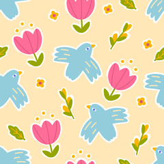 Blooming seamless pattern with a dove of peace in flight with different flowers. Hand drawn in a childish naive doodle style. Folk modern Scandinavian motif. Colorful cute trendy background.