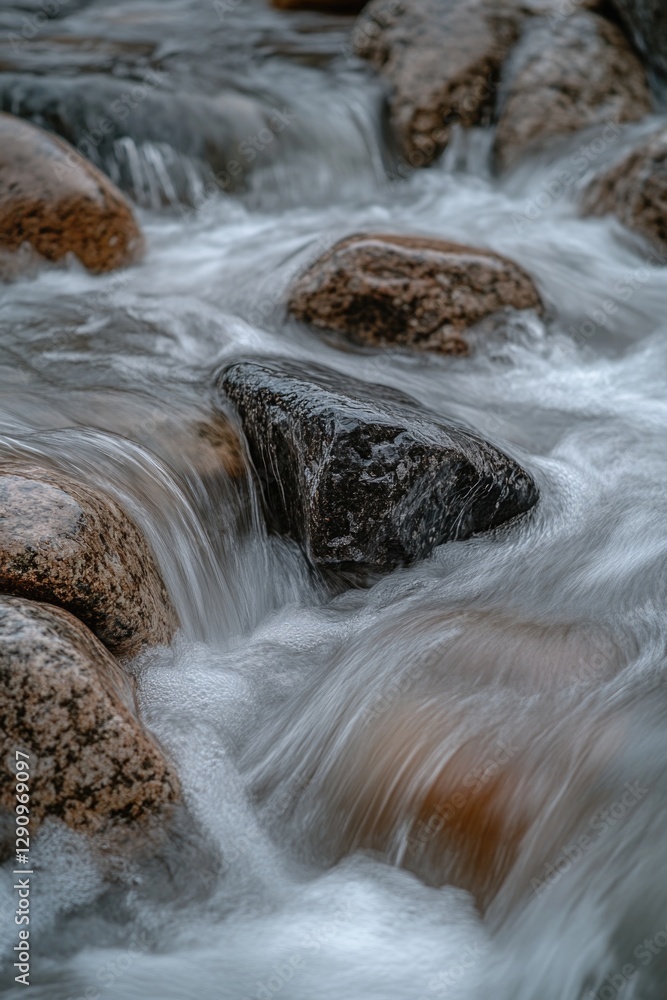 Poster a close-up view of rocks in a stream of water, suitable for use in nature or outdoor-themed contexts
