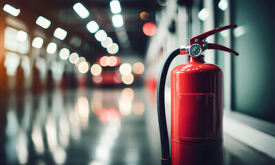 Ein roter Feuerl&ouml;scher in einer Halle an der Wand