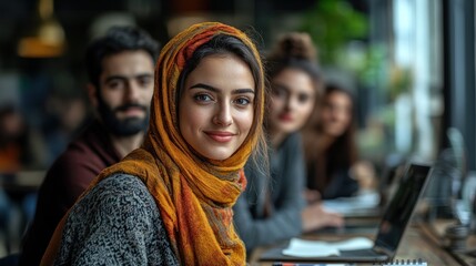 Diverse group smiling in cafe;  students collaborating