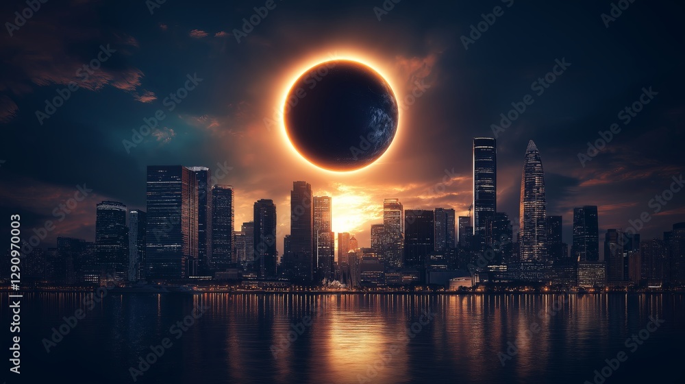 Poster a planetary eclipse casting an ethereal glow on a futuristic city.