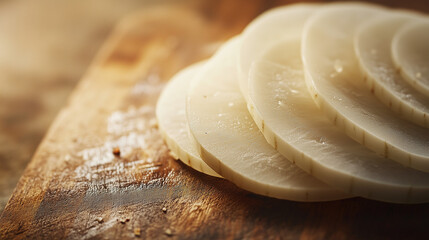 Japanese Daikon Radish – Macro Shot of Freshly Sliced Rings on Rustic Wood for Farm-to-Table and Culinary Designs
