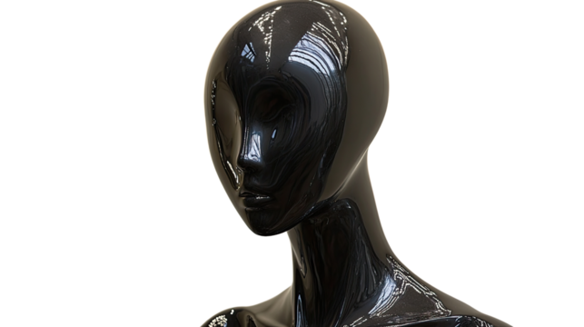 Glossy Black Mannequin Head: A modern glossy black mannequin head, a sleek and stylish display piece, poses, capturing the essence of fashion and design.