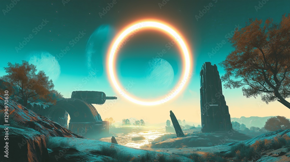 Poster a planetary eclipse casting an ethereal glow on a futuristic city.