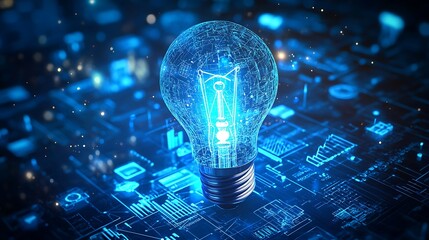 Glowing Light Bulb with Charts and Graphs, A glowing blue light bulb surrounded by various charts and graphs