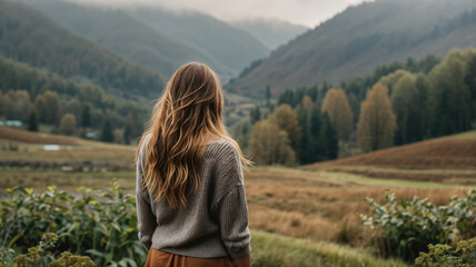 Thoughtful Woman in a Scenic Mountain Setting.