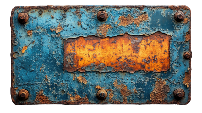 Weathered Metal Plate: A close-up of a heavily weathered metal plate, featuring peeling blue paint and rusty corrosion, revealing a glimpse of the metal beneath and the exposed surface.