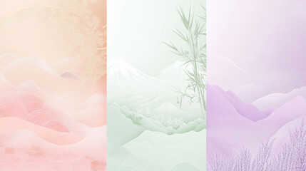 Pastel Japanese landscape art, three panels, mountain, bamboo, floral, soft color palette, tranquil, serene, minimalist, delicate.