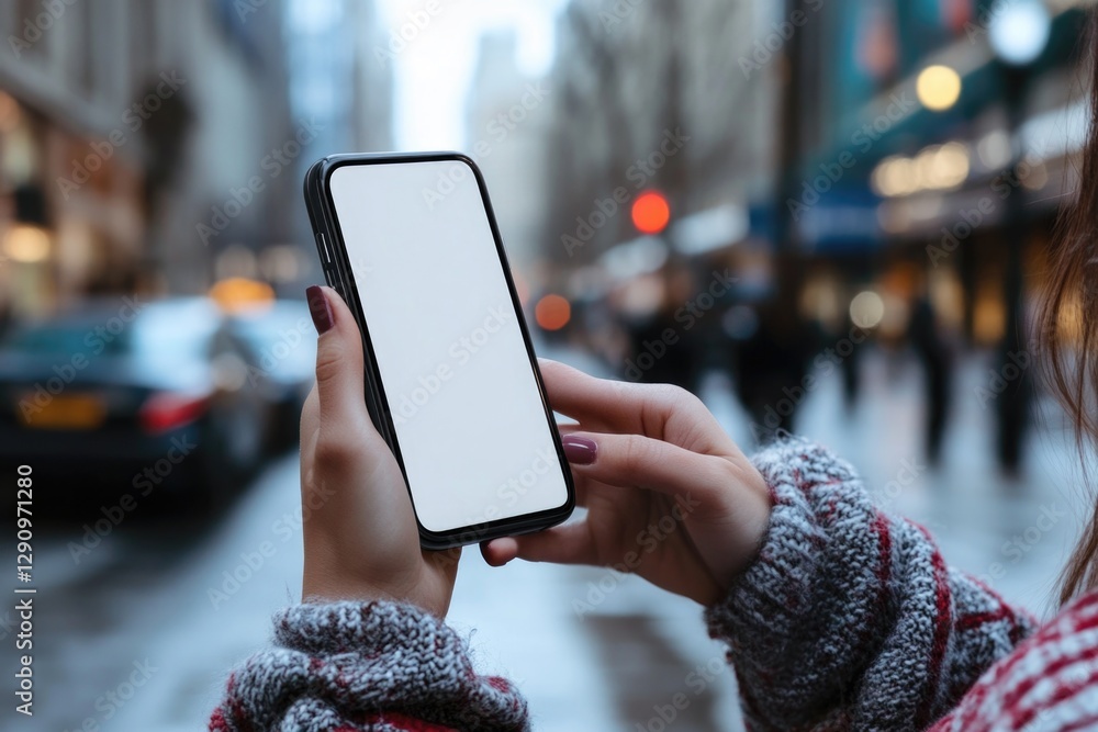 Poster a person holding a smartphone with a blank screen, suitable for use in a presentation or advertiseme
