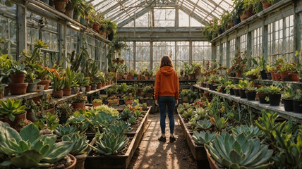 Young Woman Exploring a Lush Greenhouse