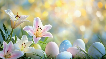 Beautiful Easter Lilies And Decorated Easter Eggs In The Garden