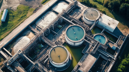 Aerial view of wastewater treatment plant, filtration of dirty or sewage water.