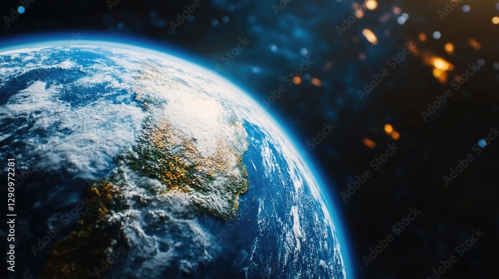 Poster view of the earth from space with stars in the background, ideal for astronomical or environmental i