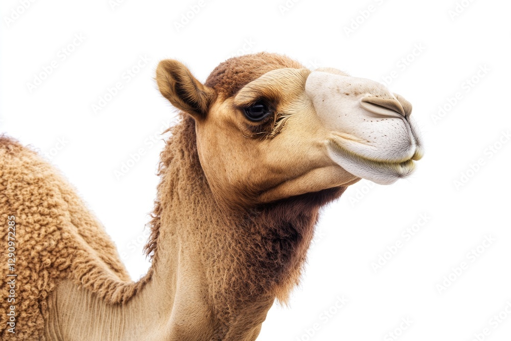 Poster a close-up image of a camel's face on a white background