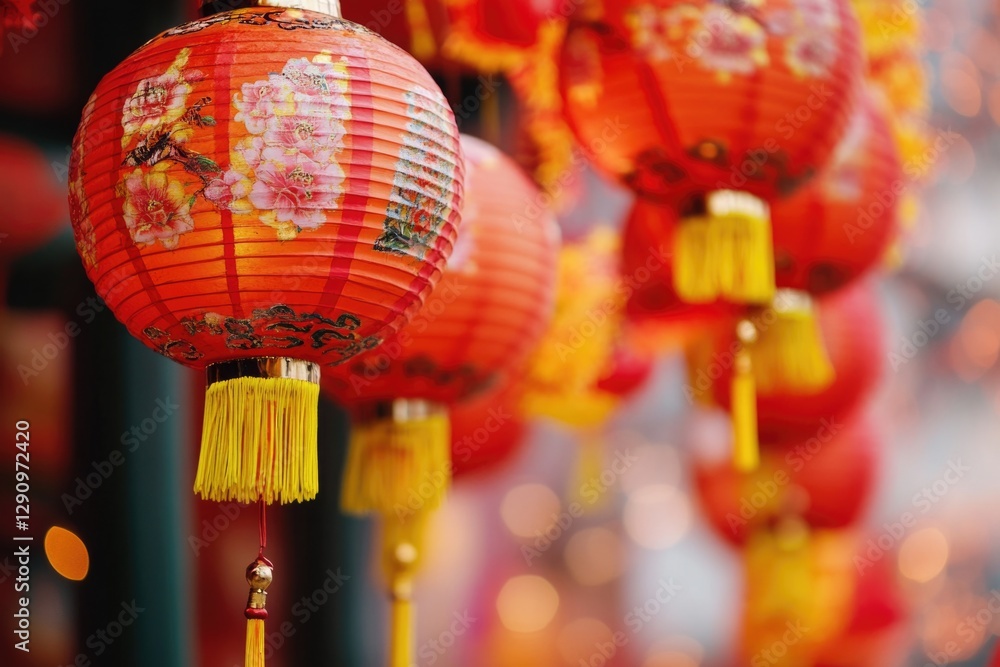 Poster A row of red lanterns hangs from the ceiling, adding a pop of color to any setting