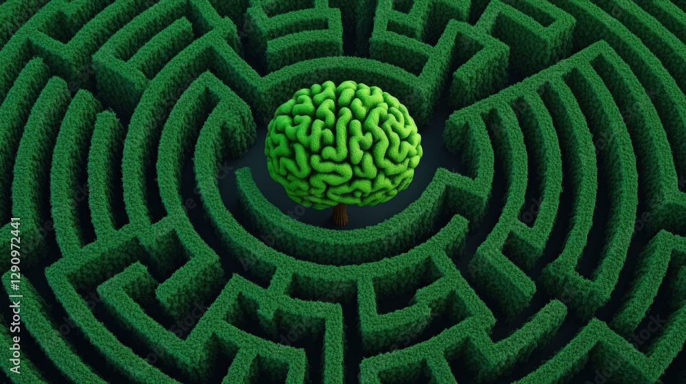 Poster Intricate green brain nestled in a maze illustrating the complexity of thought