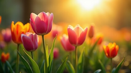 Field of pink and orange tulips with the sun shining on them