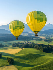 Fototapeta premium Colorful Hot Air Balloons Soaring Over Mountainous Scenery During Sunrise