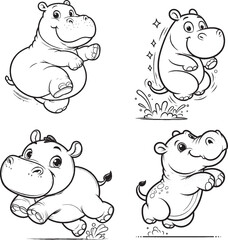 High-Quality Cute Cartoonic Hippopotamus Jumping Pose Vector Illustrations