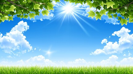 Sunny Day Landscape: Serene Meadow Under Blue Sky with Green Leaves