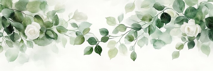 Watercolor Painting of Delicate Jasmine Flowers, Branches, and Leaves in Subtle Greens and White