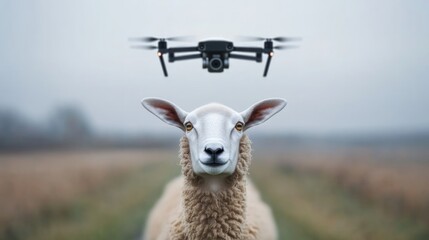 Fototapeta premium Curious sheep interacting with a drone in a scenic pastoral landscape