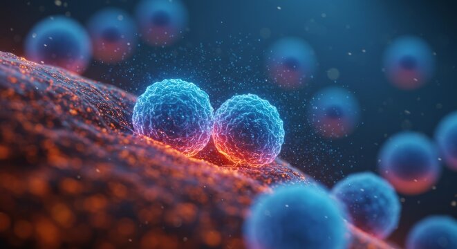 Detailed depiction of microscopic cells with vibrant colors, illustrating biological and scientific concepts. Perfect for representing scientific research, cellular biology, or advanced medical