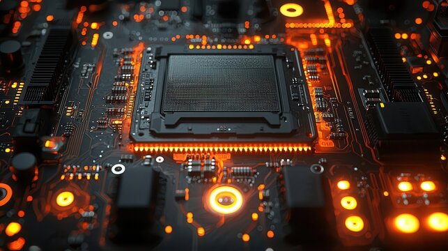 A close-up view of a modern circuit board with glowing LED lights, showcasing intricate electronic components and a sleek, high-tech design. Copy space