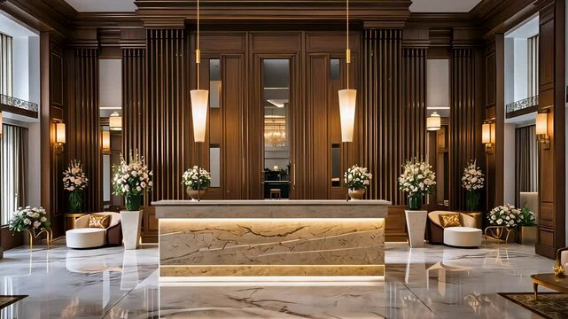 Luxurious hotel lobby with modern interior design and elegant lighting fixtures
