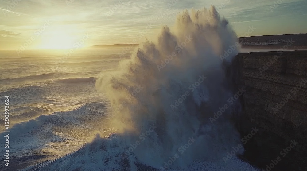 Poster a mesmerizing wave crashing against the shore in slow motion