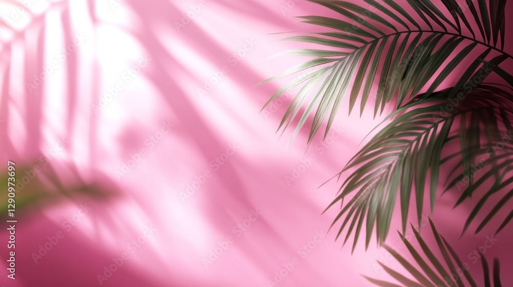 Aufkleber sunlight filters through lush palm leaves, casting delicate shadows against a striking pink backgrou