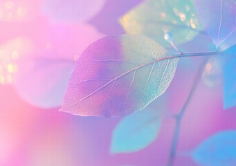 transparent skeleton leaves on a blue and pink background. Delicate texture of leaf veins on a colorful background.