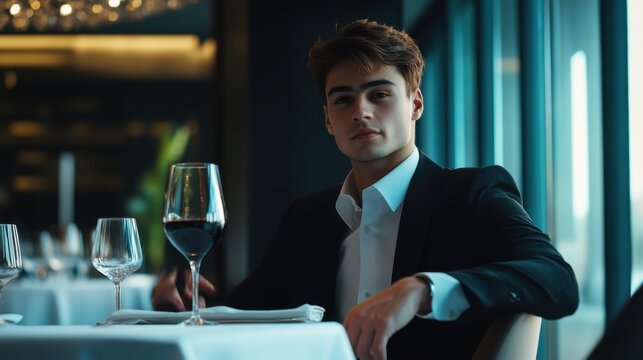 Lottery jackpot winner enjoying a fine dining experience at a five-star restaurant. Featuring elegance and indulgence