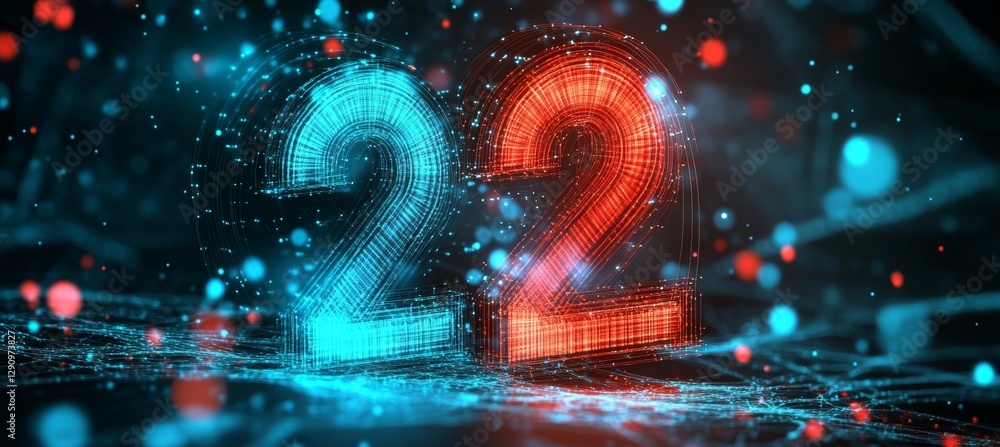 Poster glowing digital single big 3d number 22 in futuristic style on digital abstract background