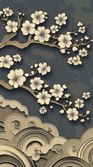 Elegant Asian-Inspired Floral and Wave Pattern Design