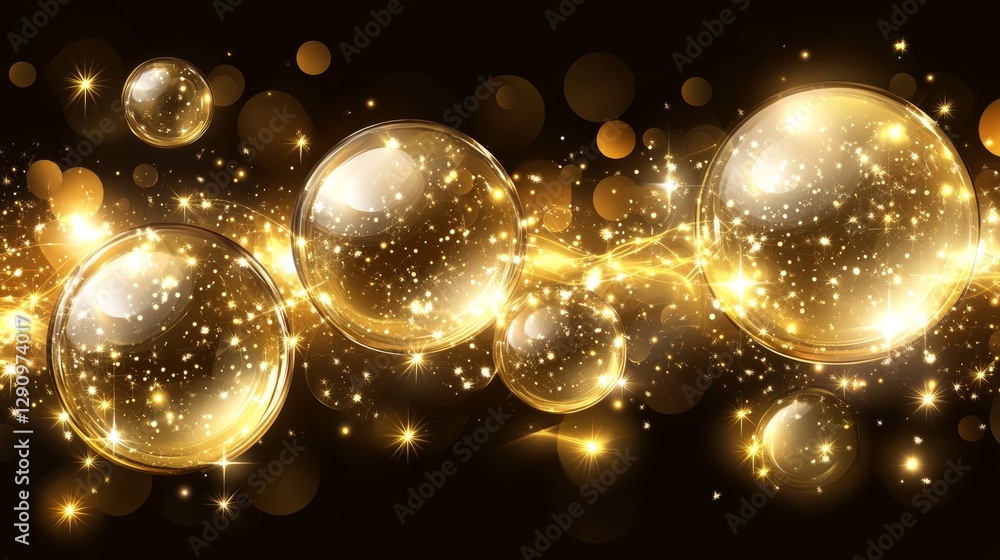 Poster golden spheres and sparkling lights abstract design of interconnected energy and flow