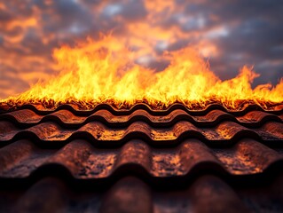 The image shows a burning roof with flames and smoke