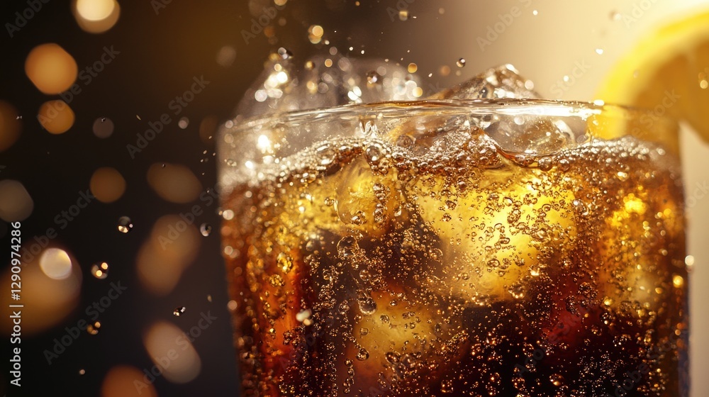 Poster a glass filled with fizzy soda and a slice of lemon, perfect for a refreshing drink