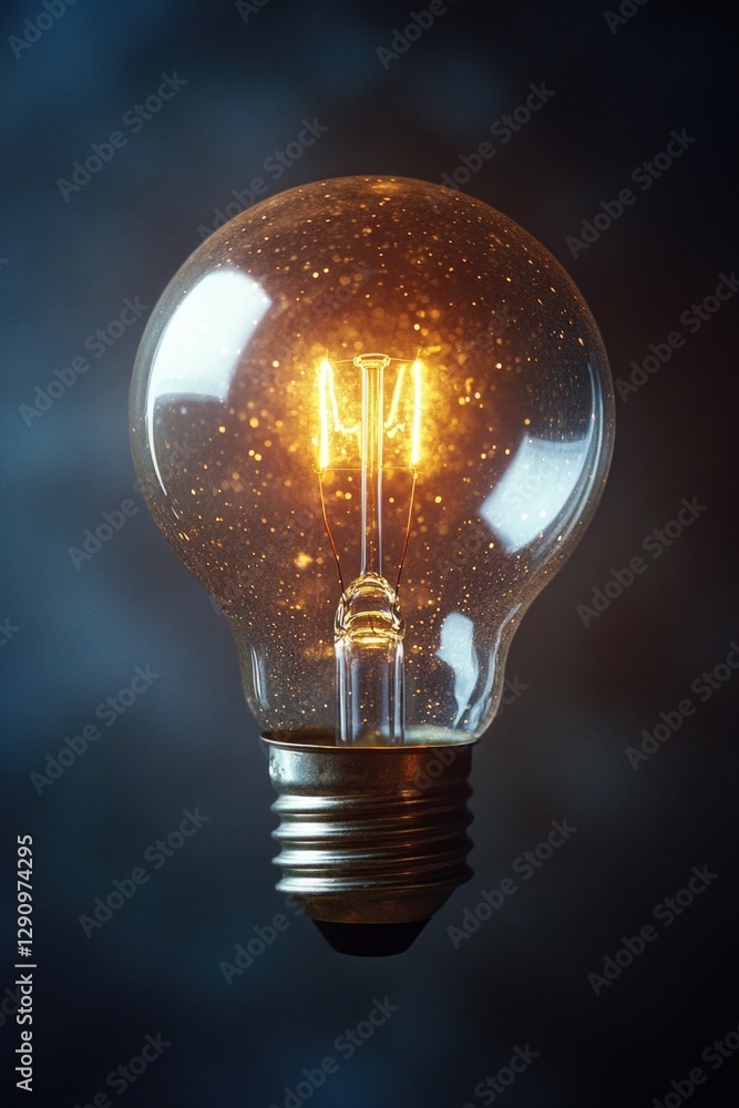 Poster a single glowing light bulb in a dark environment, ideal for use as a symbol of hope or guidance
