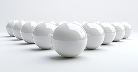 A minimalist composition of glossy white spheres arranged in a gradual manner, reflecting light, perfect for modern design projects. Copy space, Isolate on white background