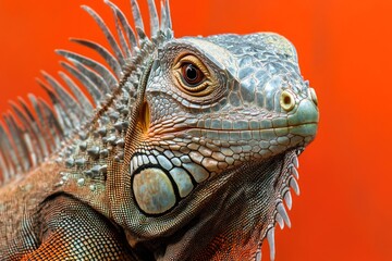 Fototapeta premium A close-up shot of an iguana's face on an orange-colored background, perfect for illustrations and designs related to reptiles or tropical themes